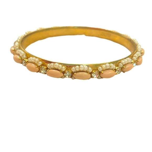 J crew gold tone brass bangle bracelet seed pearls, crystal & blush beads - Picture 1 of 5